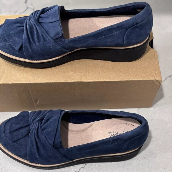 Clarks Sharon Dasher Womens Suede Loafers Slip on Wedge - Navy Blue - Size 10W - Picture 3 of 8